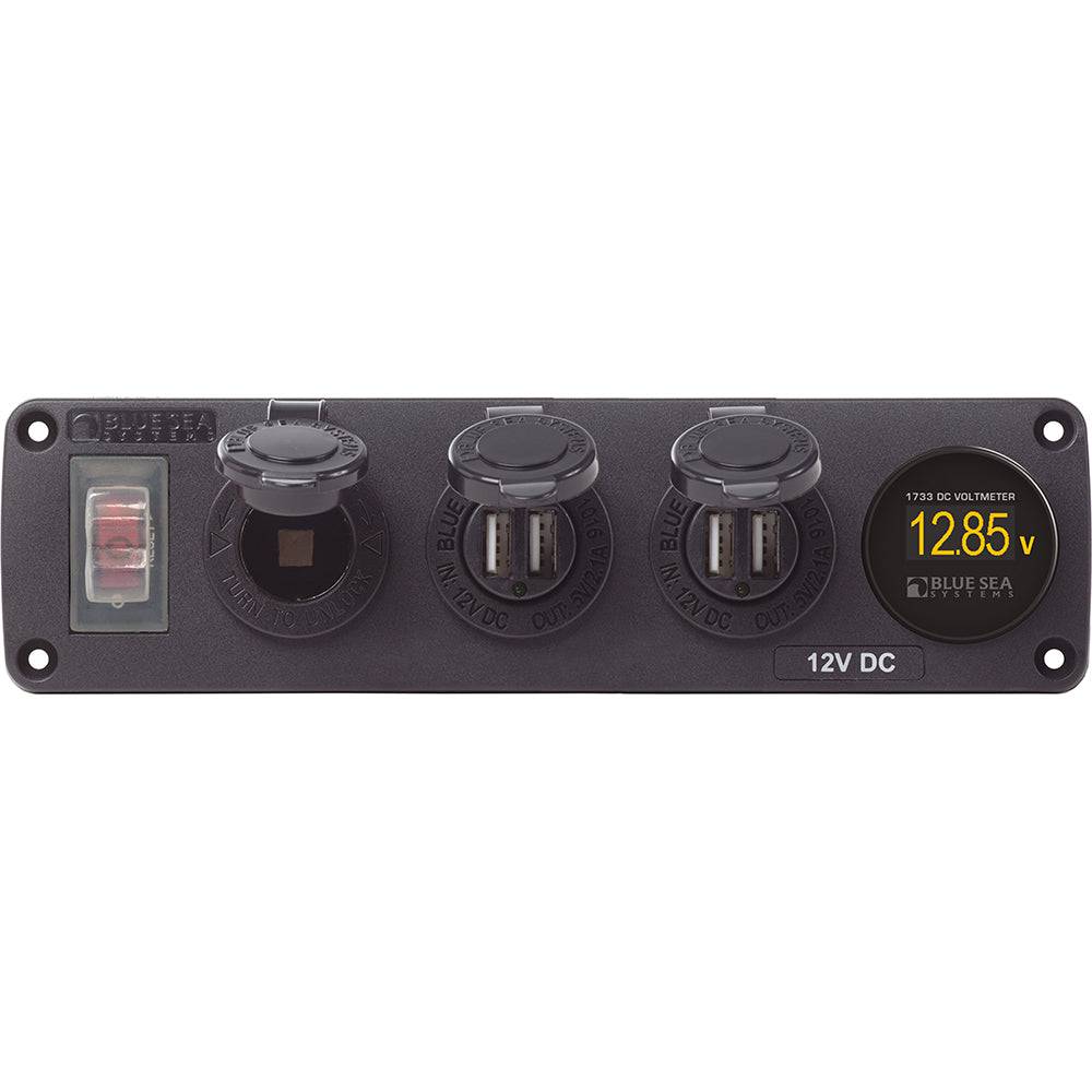 Blue Sea 4368 Water Resistant USB Accessory Panel - 12V Socket, 2x 2.1A Dual USB Chargers, Mini Voltmeter [4368] - Twin Screws Marine Service