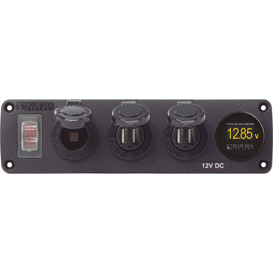 Blue Sea 4368 Water Resistant USB Accessory Panel - 12V Socket, 2x 2.1A Dual USB Chargers, Mini Voltmeter [4368] - Twin Screws Marine Service