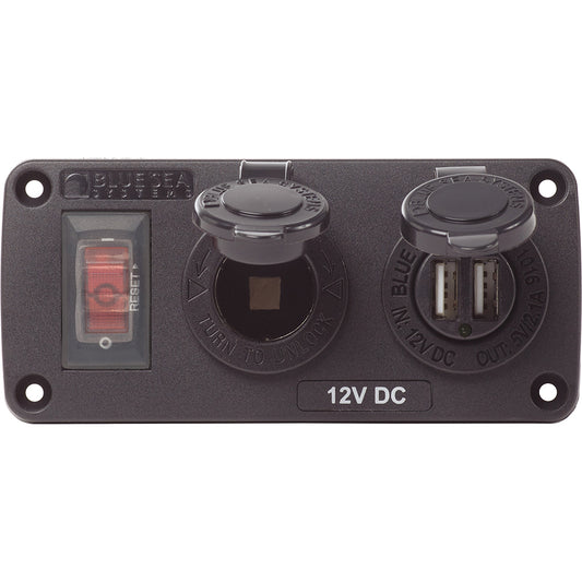 Blue Sea 4363 Water Resistant USB Accessory Panels - 15A Circuit Breaker, 12V Socket, 2.1A Dual USB Charger [4363] - Twin Screws Marine Service
