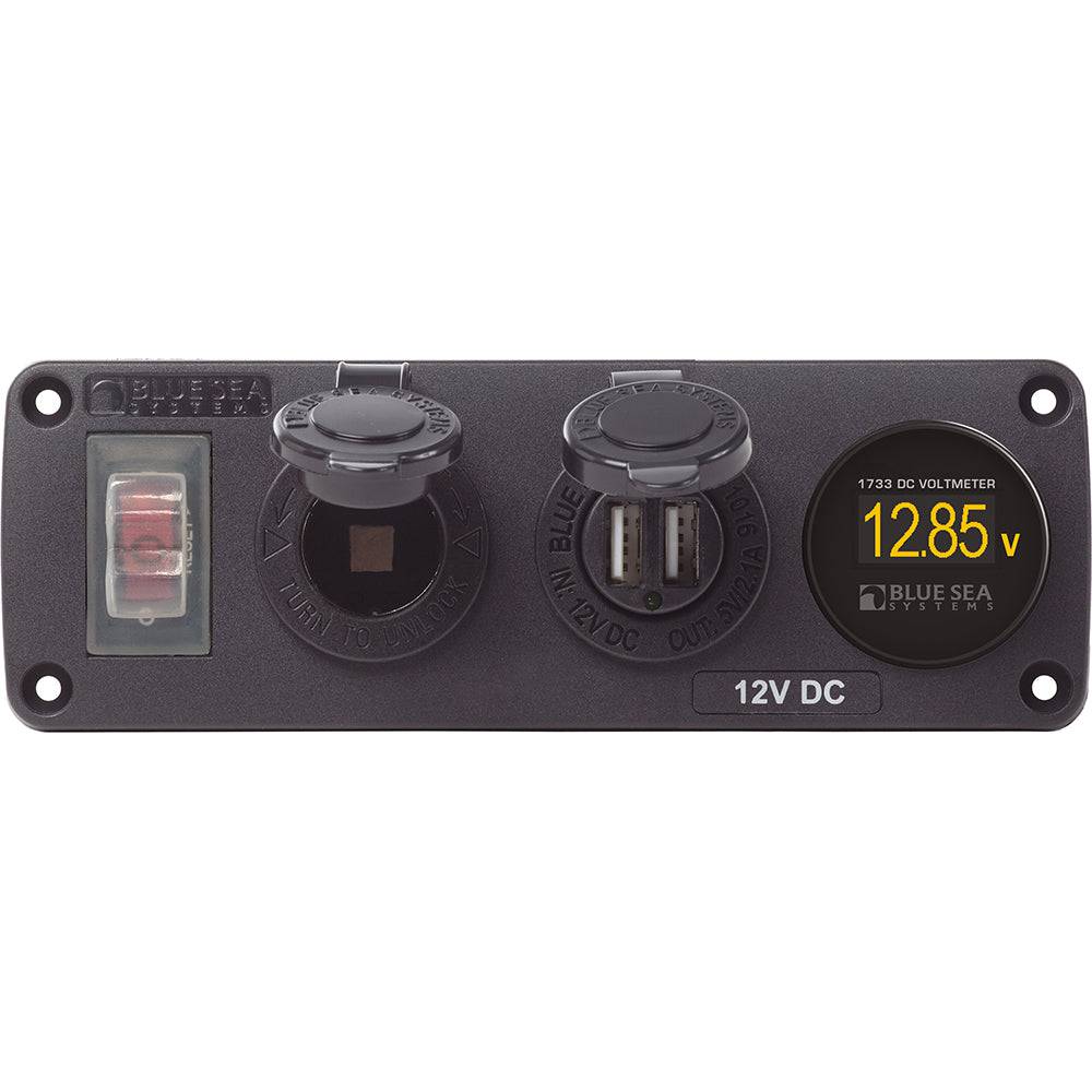 Blue Sea 4366 Water Resistant USB Accessory Panel - Circuit Breaker, 12V Socket, Dual USB Charger, Mini Voltmeter [4366] - Twin Screws Marine Service