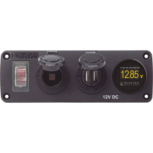 Blue Sea 4366 Water Resistant USB Accessory Panel - Circuit Breaker, 12V Socket, Dual USB Charger, Mini Voltmeter [4366] - Twin Screws Marine Service