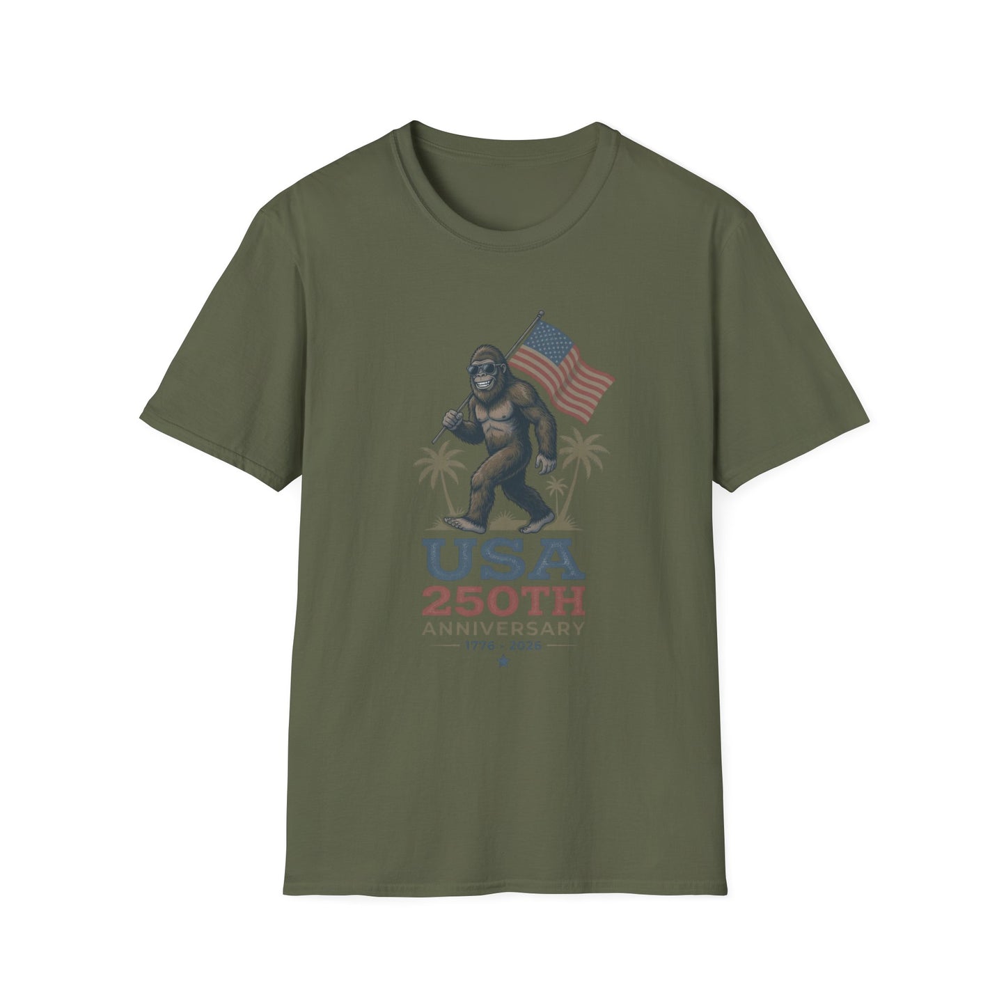 Bigfoot with American Flag T-Shirt — USA 250th Anniversary Patriotic Tee