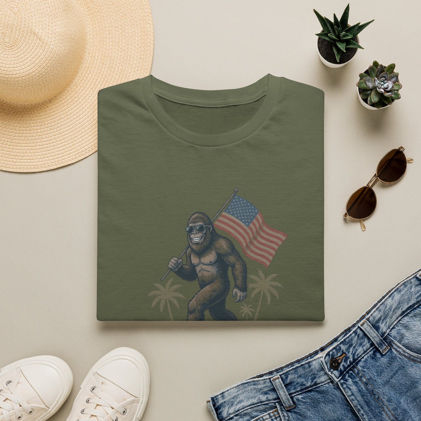 Bigfoot with American Flag T-Shirt — USA 250th Anniversary Patriotic Tee