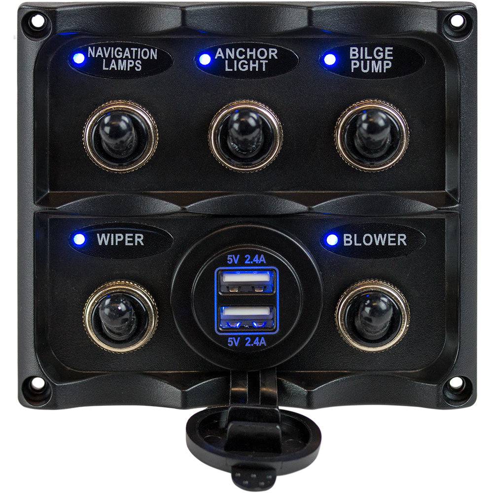 Sea-Dog Water Resistant Toggle Switch Panel w/USB Power Socket - 5 Toggle [424617-1] - Twin Screws Marine Service