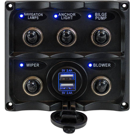 Sea-Dog Water Resistant Toggle Switch Panel w/USB Power Socket - 5 Toggle [424617-1] - Twin Screws Marine Service