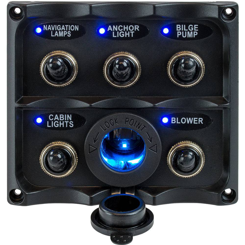 Sea-Dog Water Resistant Toggle Switch Panel w/LED Power Socket - 5 Toggle [424627-1] - Twin Screws Marine Service