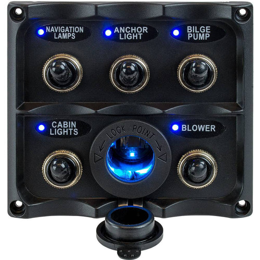 Sea-Dog Water Resistant Toggle Switch Panel w/LED Power Socket - 5 Toggle [424627-1] - Twin Screws Marine Service