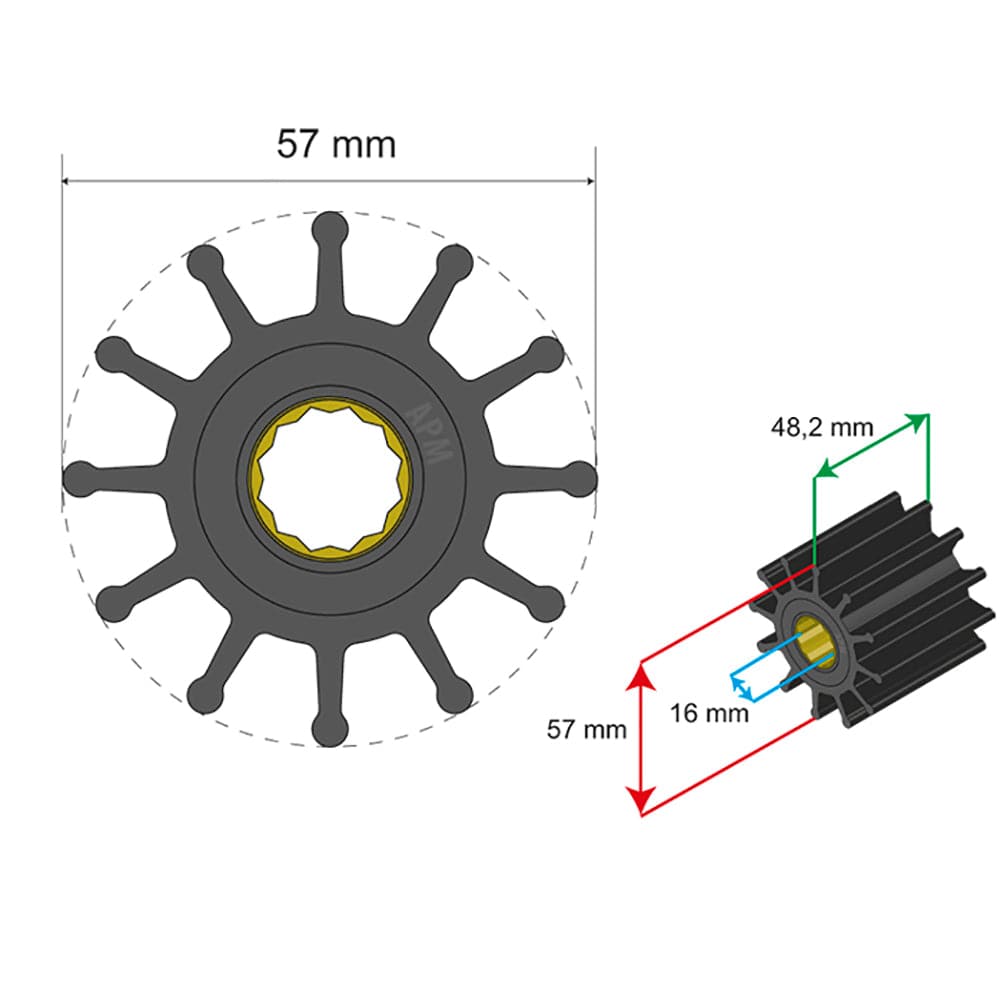 Albin Group Premium Impeller Kit 57 x 16 x 48.2mm - 12 Blade - Spline Insert [06-01-014] - Twin Screws Marine Service