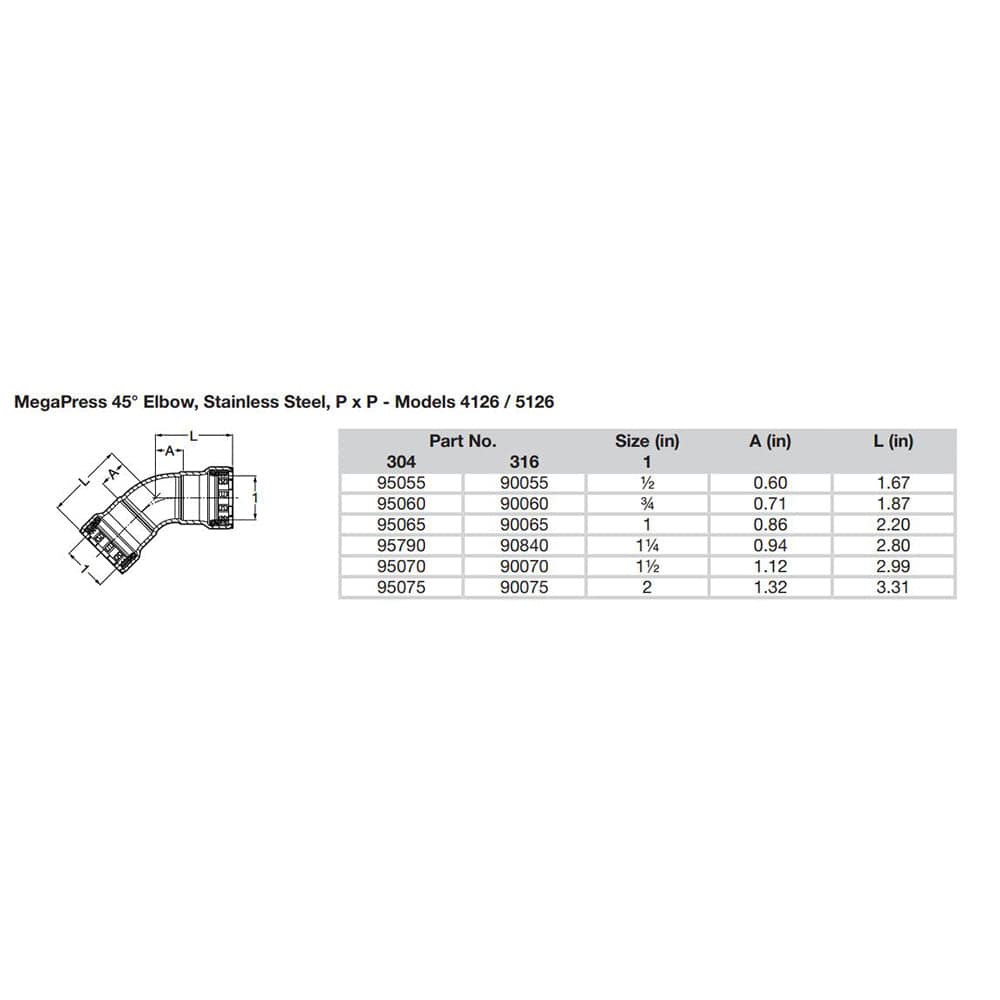 Viega MegaPress 1/2" 45 Stainless Steel 304 Elbow - Double Press Connection - Smart Connect Technology [95055] - Twin Screws Marine Service