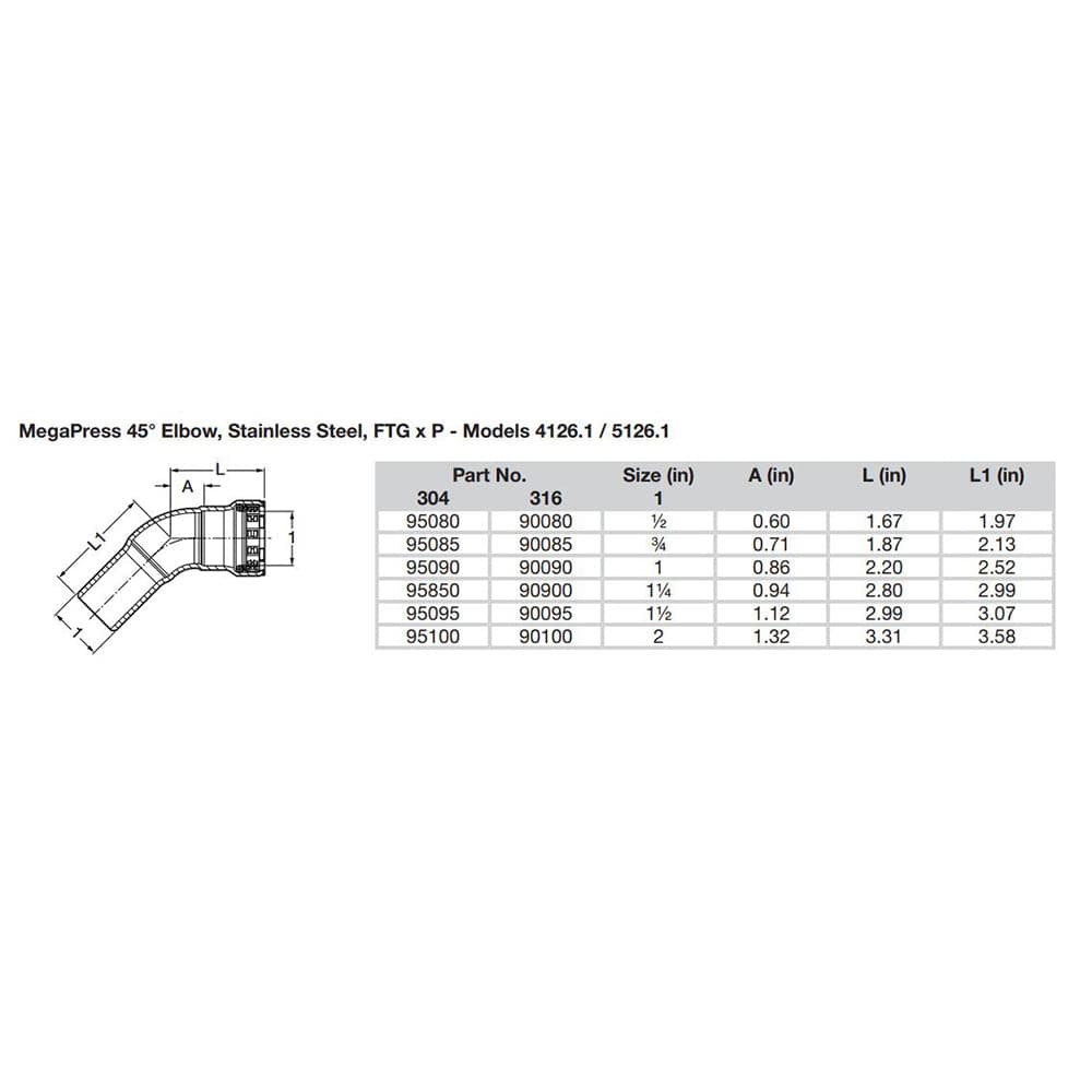 Viega MegaPress 1/2" 45 Stainless Steel 304 Elbow Street - Press Connection - Smart Connect Technology [95080] - Twin Screws Marine Service