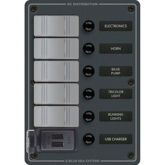 Blue Sea 8121 - 5 Position Contura Switch Panel w/Dual USB Chargers - 12/24V DC - Black [8121] - Twin Screws Marine Service