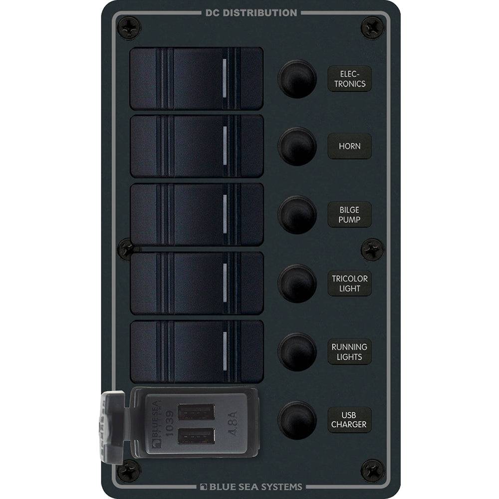 Blue Sea 8521 - 5 Position Contura Switch Panel w/Dual USB Chargers - 12/24V DC - Black [8521] - Twin Screws Marine Service