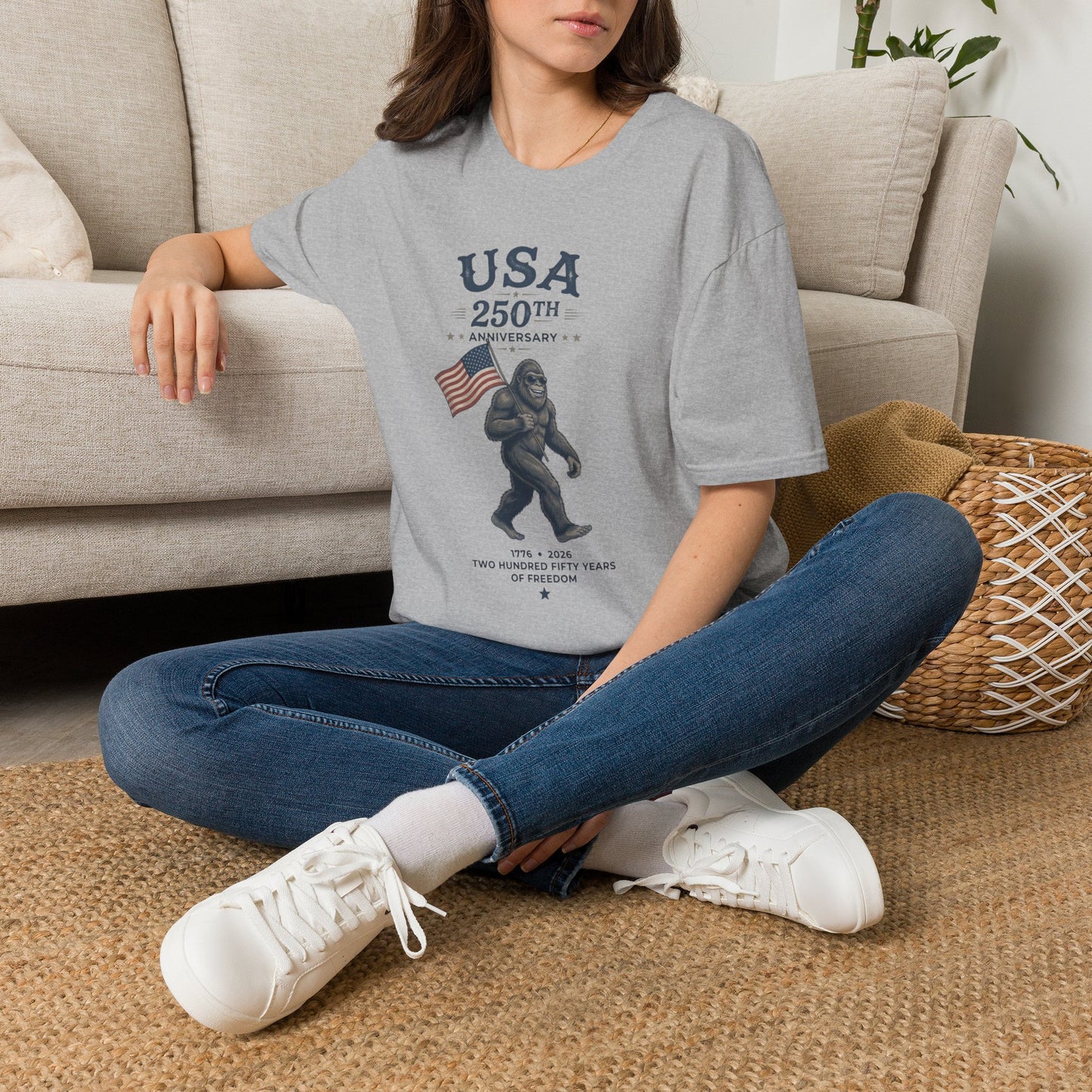 USA 250th Anniversary T-Shirt — Patriotic Bigfoot Flag Graphic Tee