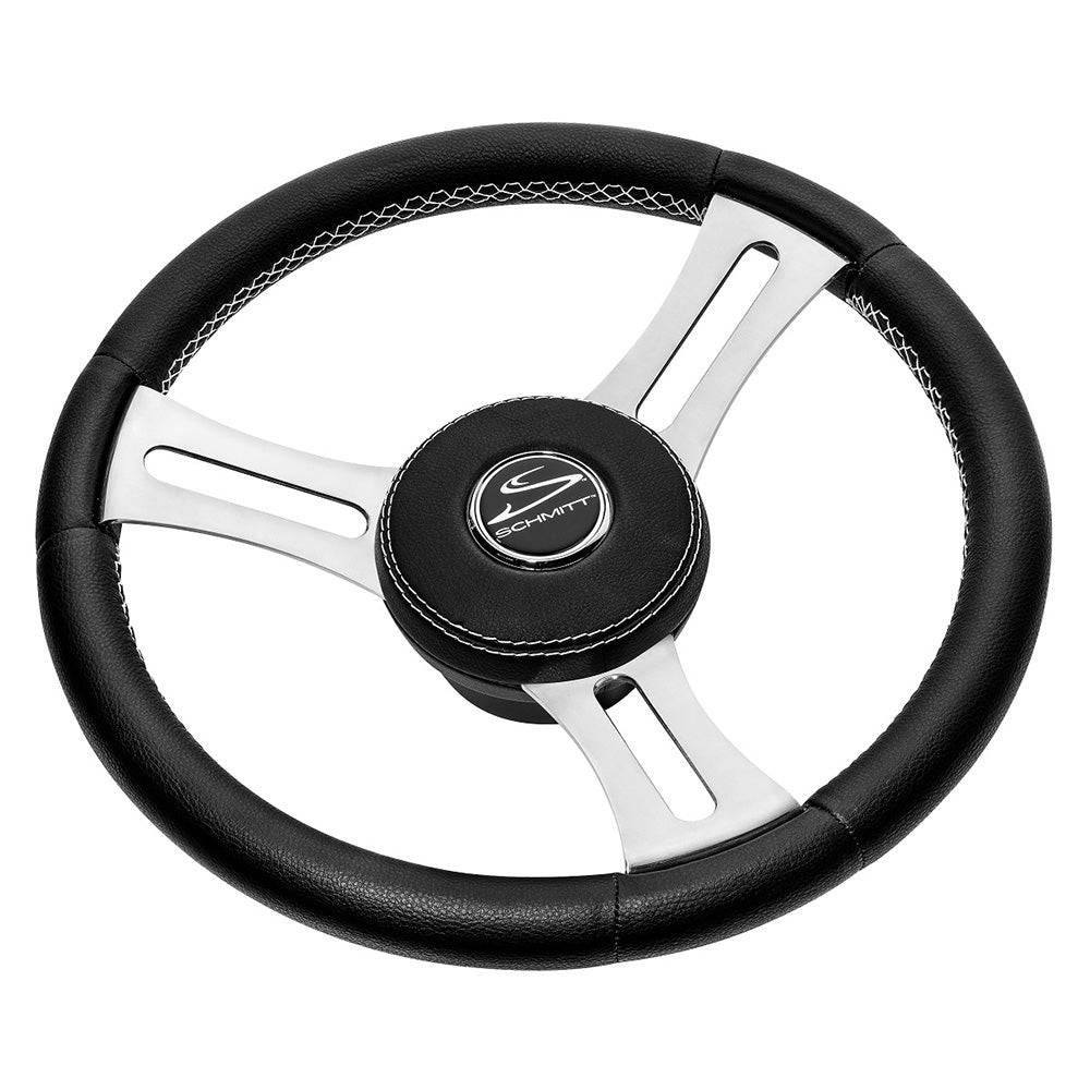 Schmitt Marine Torcello Elite 14" Wheel - Black Leather  Cap - White Stitching - Polished SS Spokes - 3/4" Tapered Shaft [PU085241] - Twin Screws Marine Service