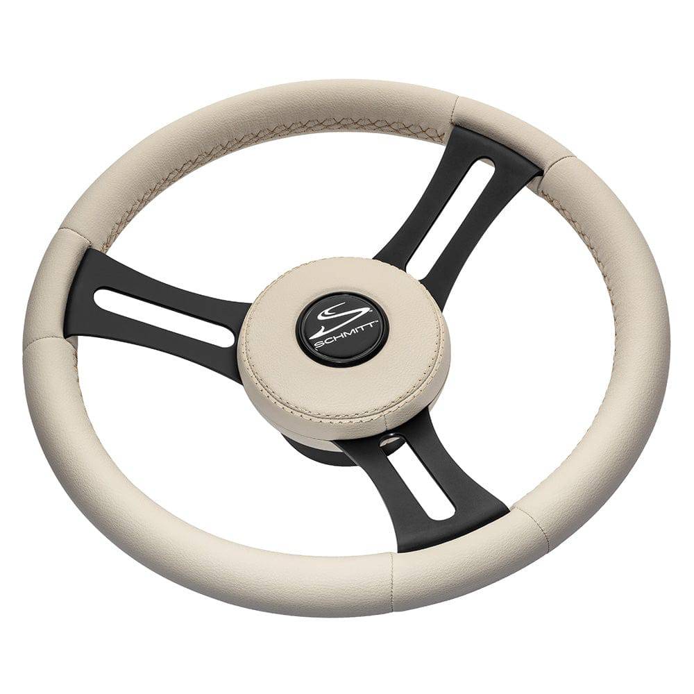 Schmitt Marine Torcello Elite 14" Wheel - Beige Leather  Cap - White Stitching - Black SS Spokes - 3/4" Tapered Shaft [PU081B11] - Twin Screws Marine Service