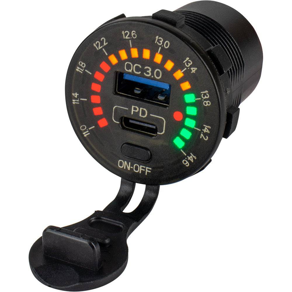 Sea-Dog Round Rainbow Voltmeter w/USB  USB-C Power Socket [426519-1] - Twin Screws Marine Service