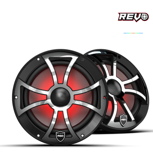 REVO 8 XS-B-SS V3 | REVO Series 8-inch High-Output Component Style Coaxial Speakers w/ XS-Black-Stainless Steel RGB Grilles - Twin Screws Marine Service